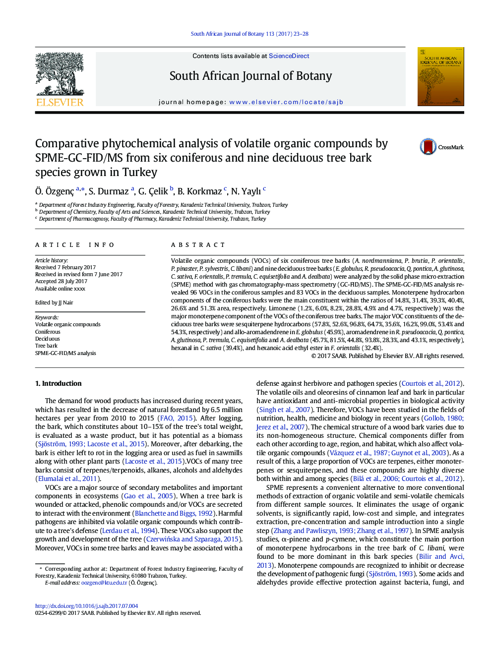 Comparative phytochemical analysis of volatile organic compounds by SPME-GC-FID/MS from six coniferous and nine deciduous tree bark species grown in Turkey