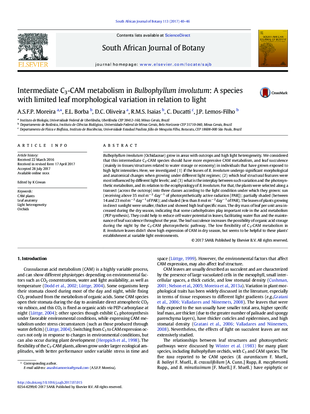 Intermediate C3-CAM metabolism in Bulbophyllum involutum: A species with limited leaf morphological variation in relation to light