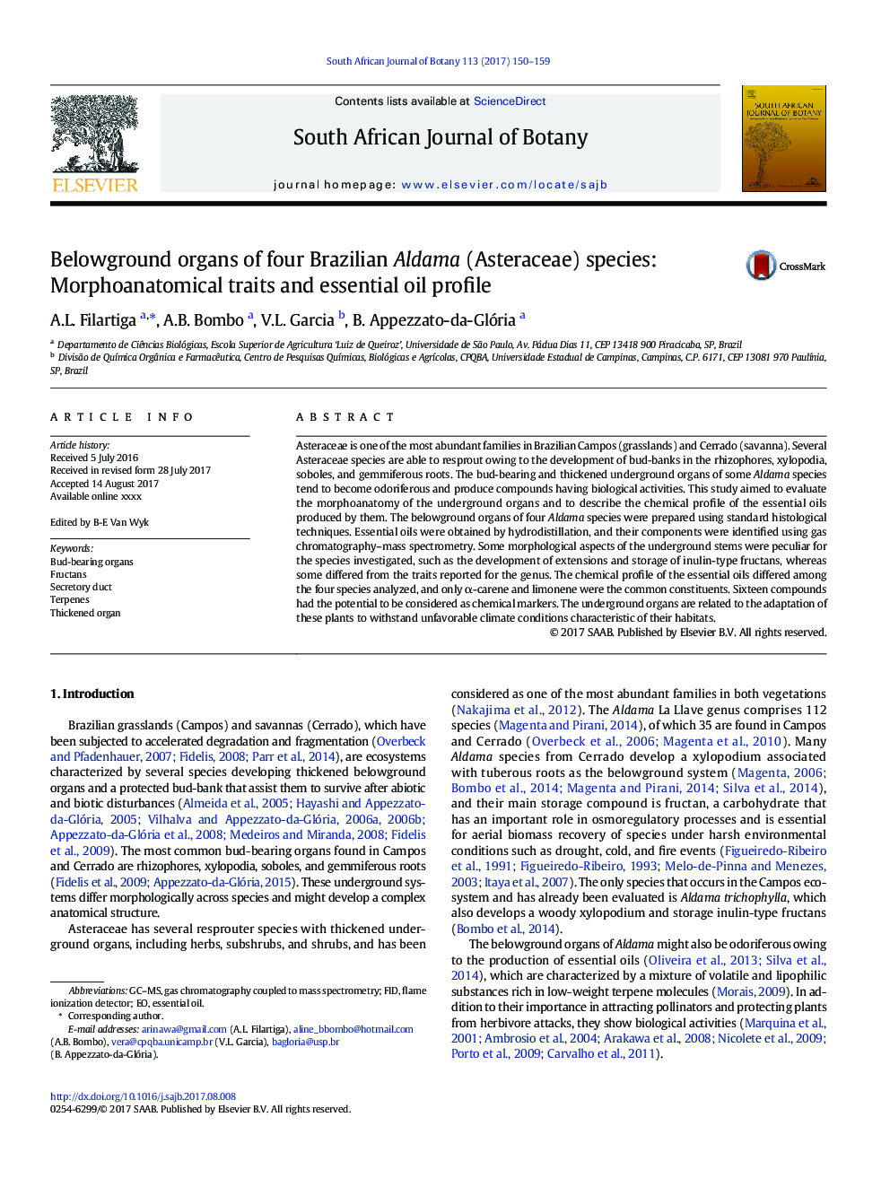 Belowground organs of four Brazilian Aldama (Asteraceae) species: Morphoanatomical traits and essential oil profile