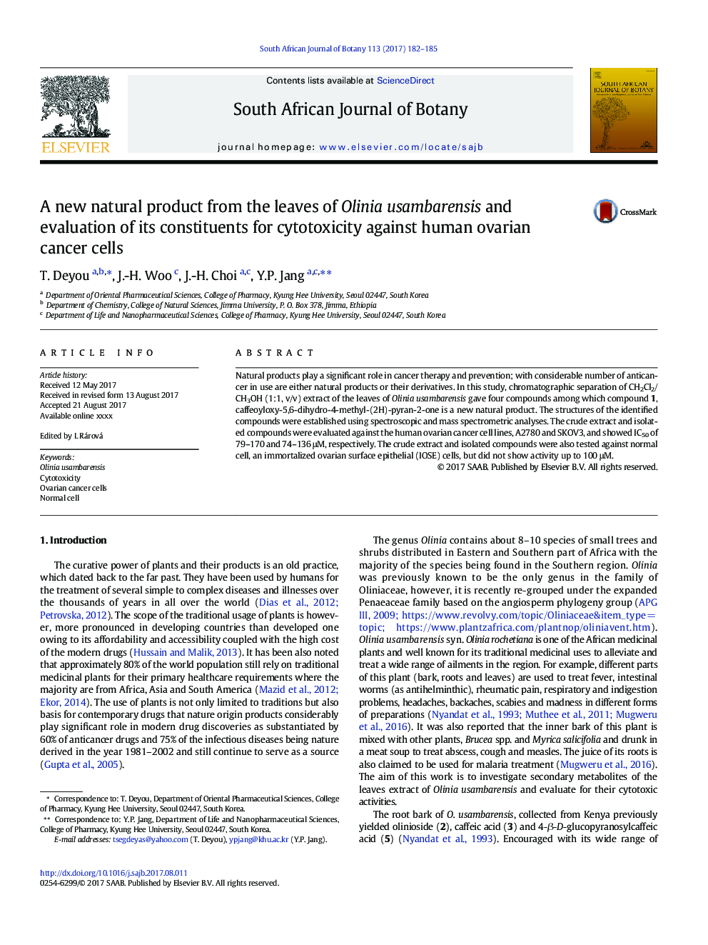 A new natural product from the leaves of Olinia usambarensis and evaluation of its constituents for cytotoxicity against human ovarian cancer cells