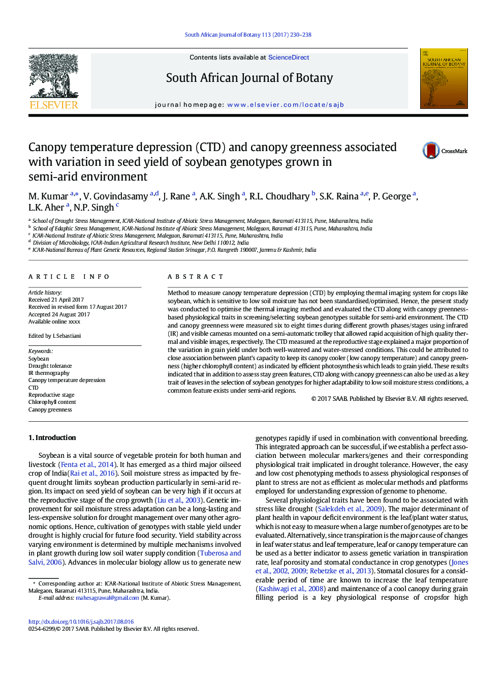 Canopy temperature depression (CTD) and canopy greenness associated with variation in seed yield of soybean genotypes grown in semi-arid environment