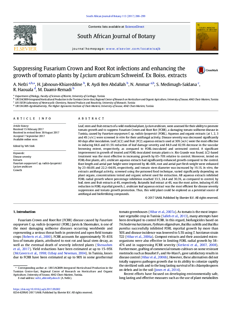 Suppressing Fusarium Crown and Root Rot infections and enhancing the growth of tomato plants by Lycium arabicum Schweinf. Ex Boiss. extracts