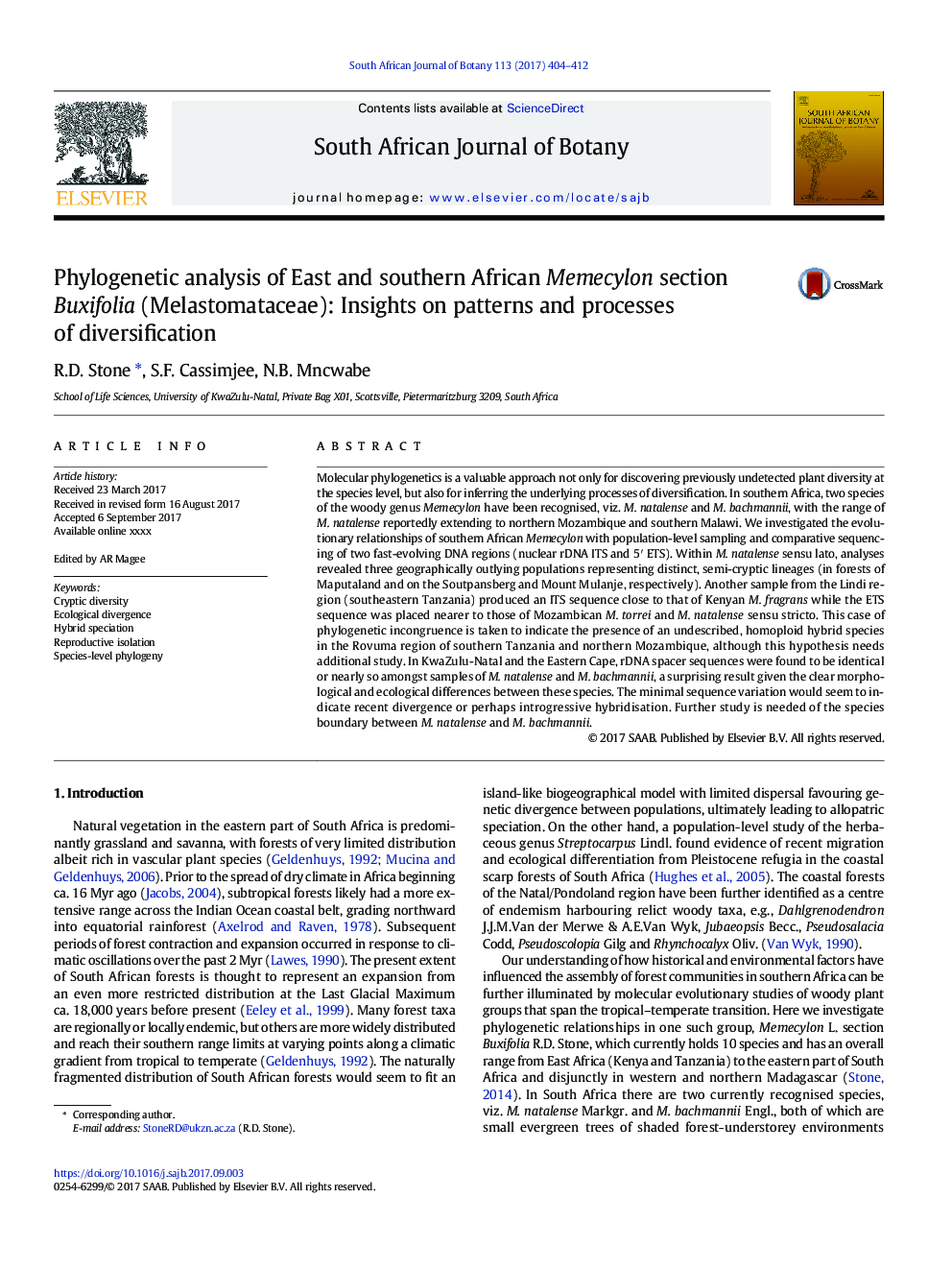 Phylogenetic analysis of East and southern African Memecylon section Buxifolia (Melastomataceae): Insights on patterns and processes of diversification