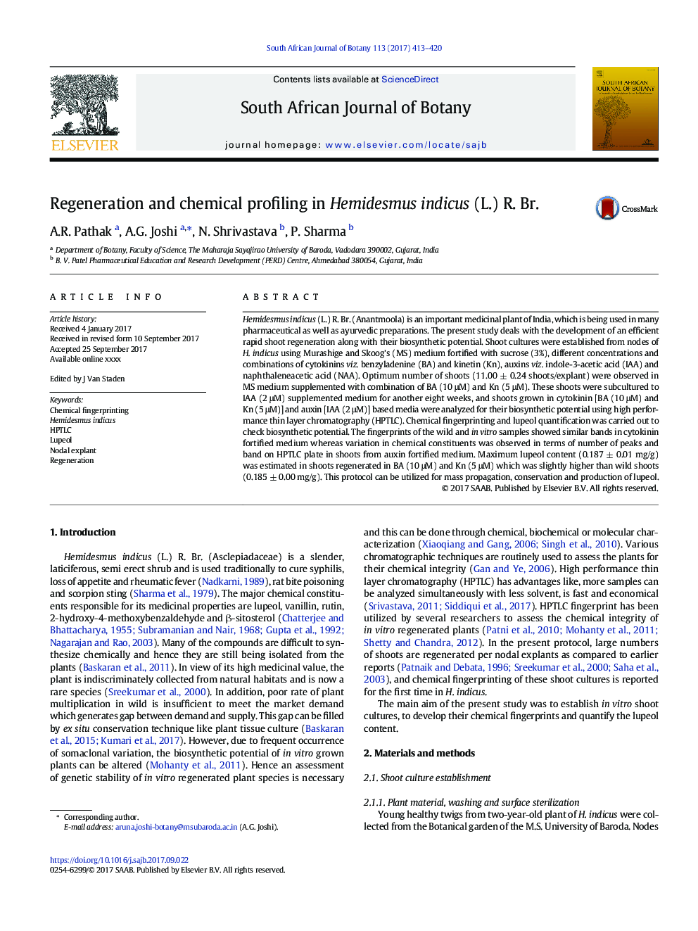 Regeneration and chemical profiling in Hemidesmus indicus (L.) R. Br.