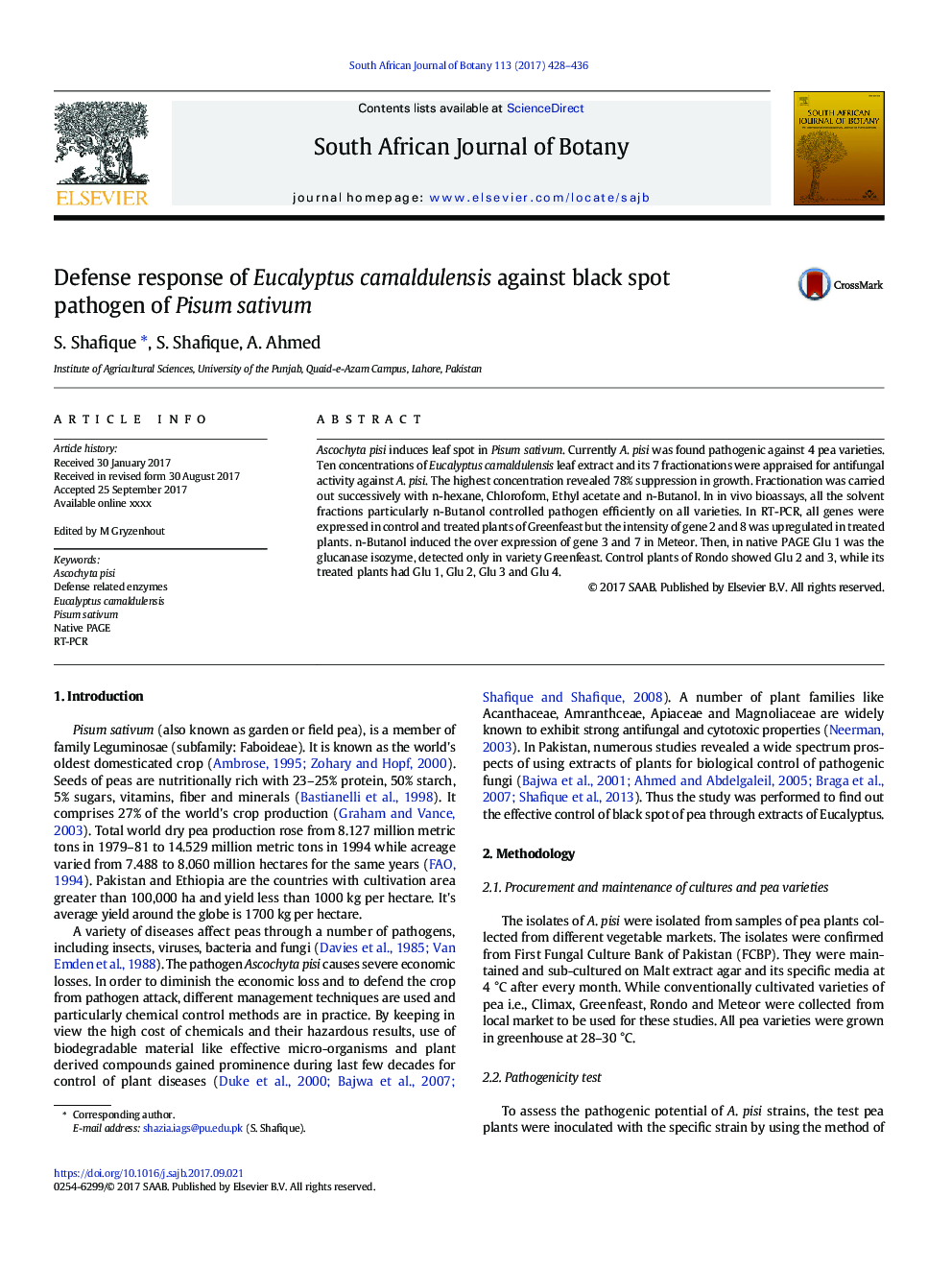 Defense response of Eucalyptus camaldulensis against black spot pathogen of Pisum sativum