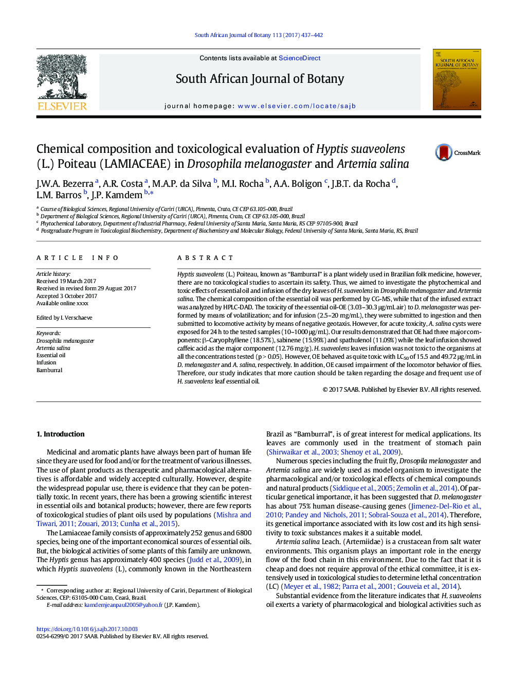 Chemical composition and toxicological evaluation of Hyptis suaveolens (L.) Poiteau (LAMIACEAE) in Drosophila melanogaster and Artemia salina