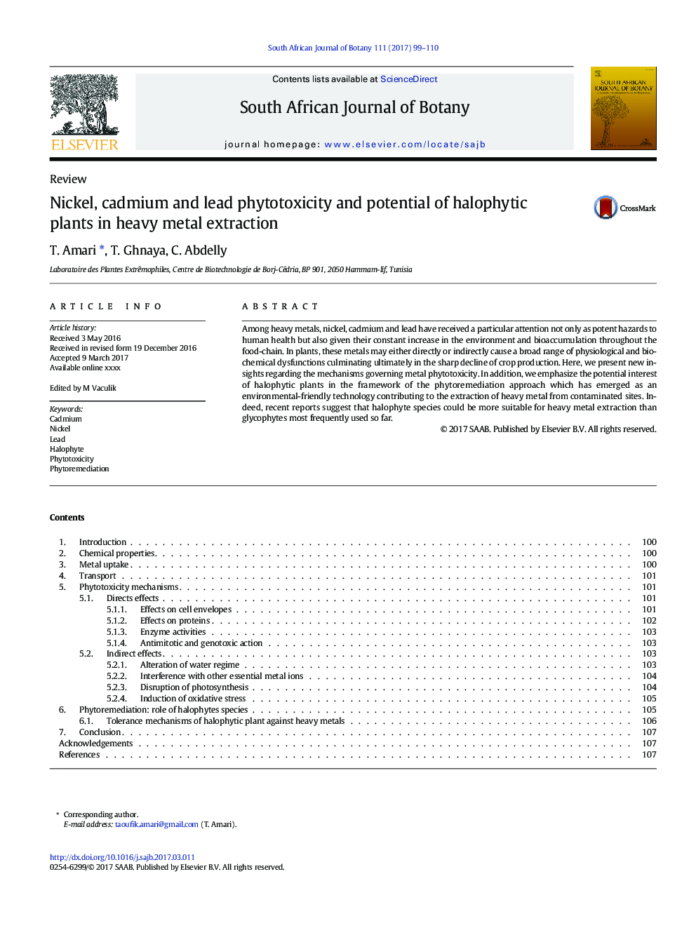 Nickel, cadmium and lead phytotoxicity and potential of halophytic plants in heavy metal extraction