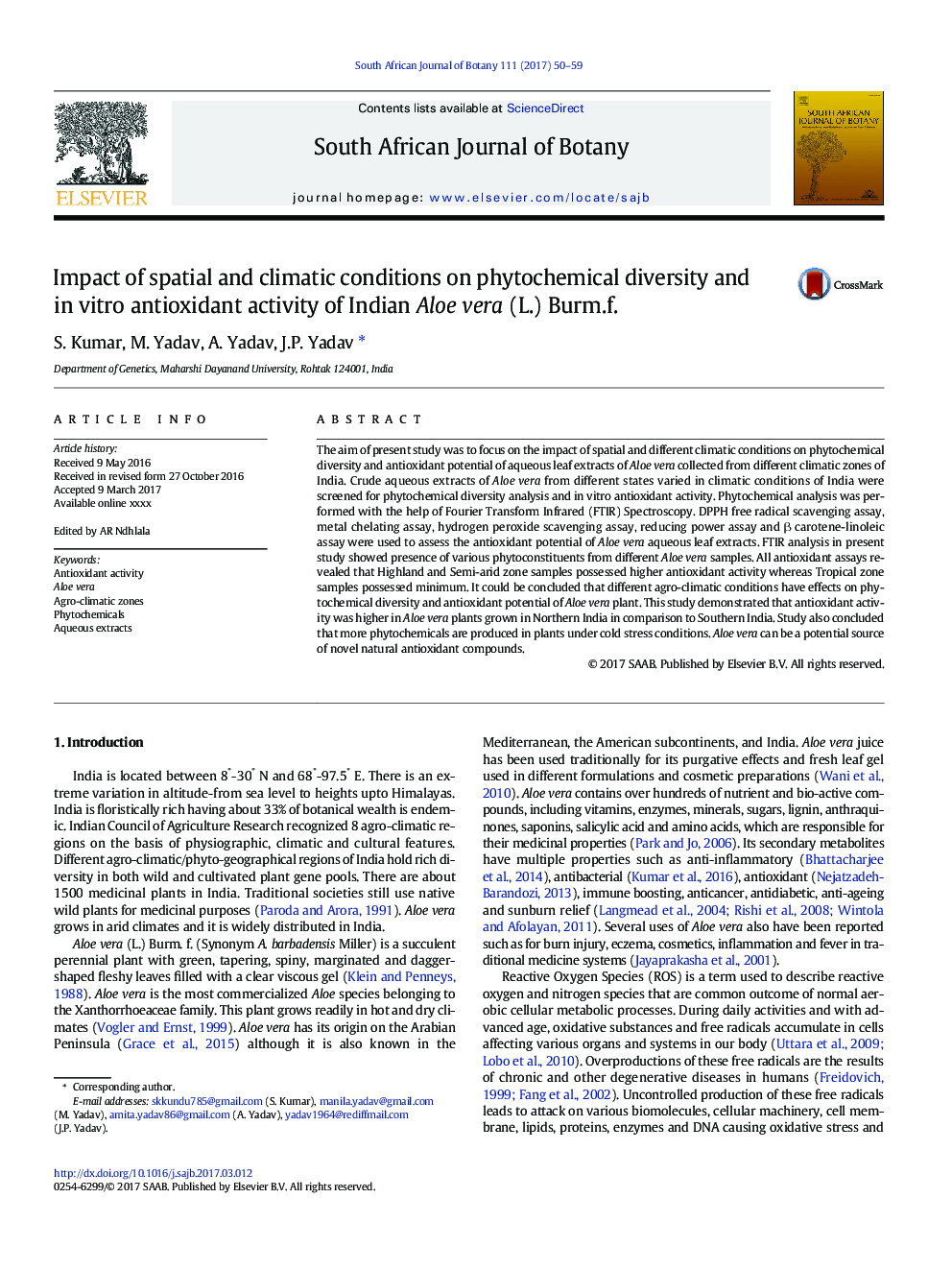 Impact of spatial and climatic conditions on phytochemical diversity and in vitro antioxidant activity of Indian Aloe vera (L.) Burm.f.