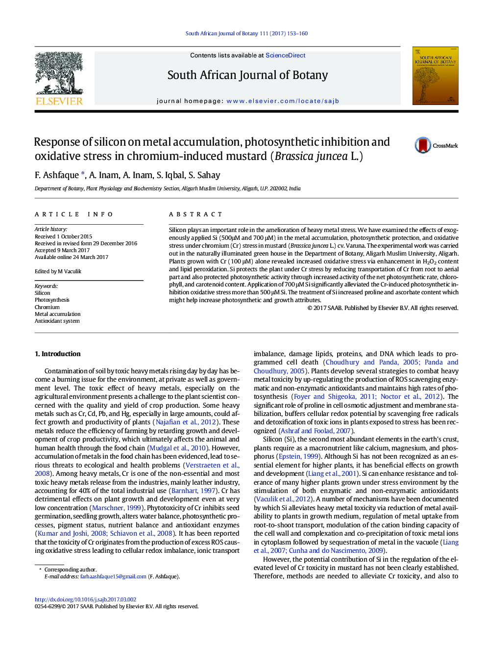 Response of silicon on metal accumulation, photosynthetic inhibition and oxidative stress in chromium-induced mustard (Brassica juncea L.)