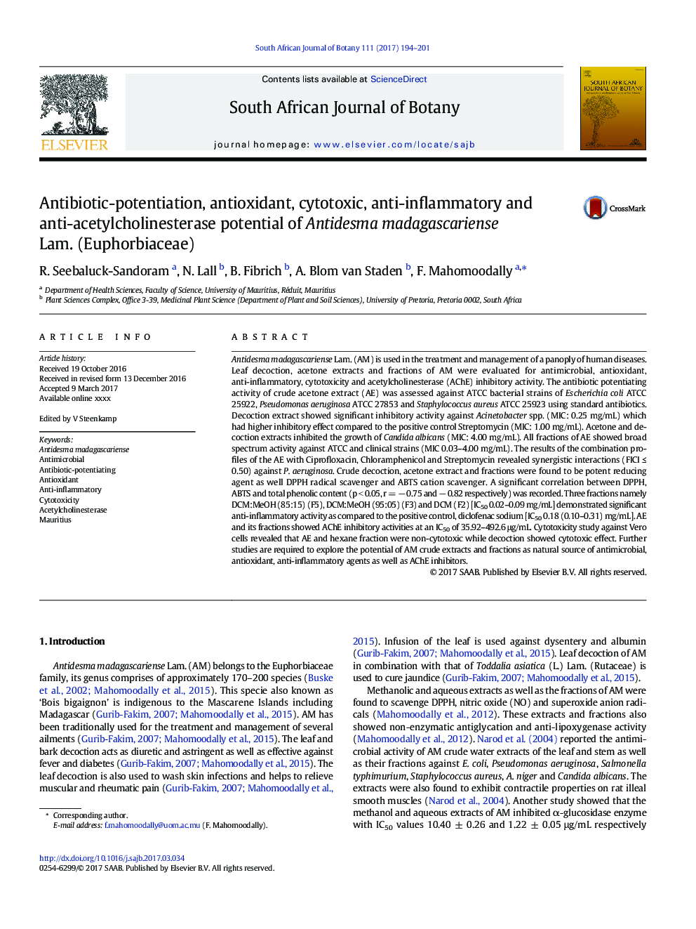 Antibiotic-potentiation, antioxidant, cytotoxic, anti-inflammatory and anti-acetylcholinesterase potential of Antidesma madagascariense Lam. (Euphorbiaceae)