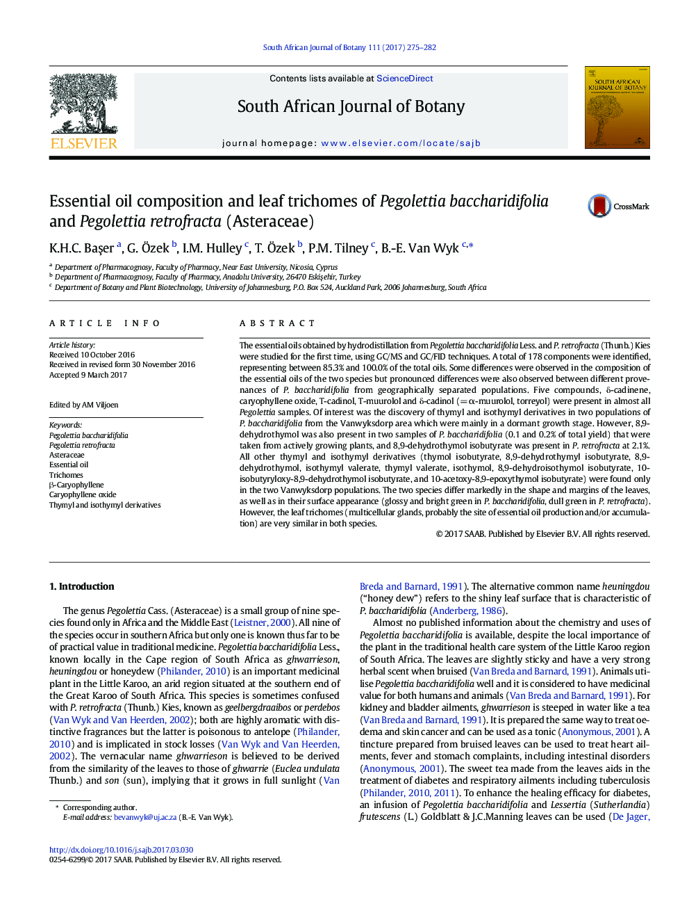 Essential oil composition and leaf trichomes of Pegolettia baccharidifolia and Pegolettia retrofracta (Asteraceae)