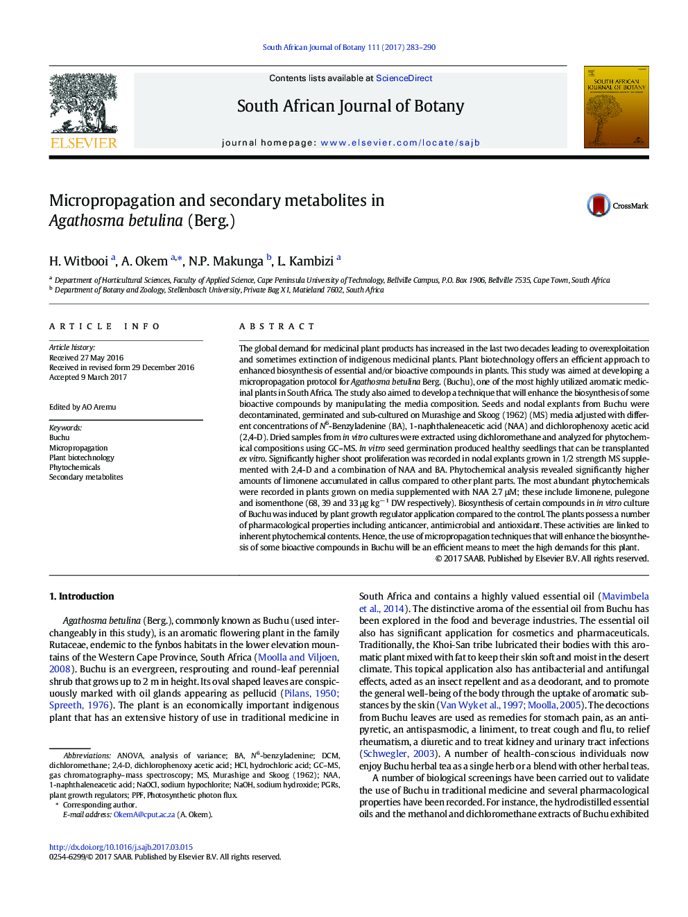 Micropropagation and secondary metabolites in Agathosma betulina (Berg.)