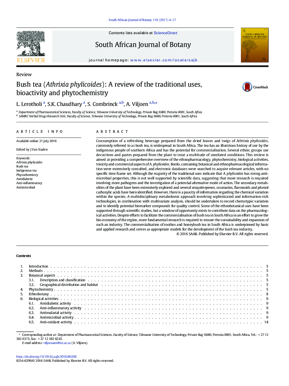 Bush tea (Athrixia phylicoides): A review of the traditional uses, bioactivity and phytochemistry