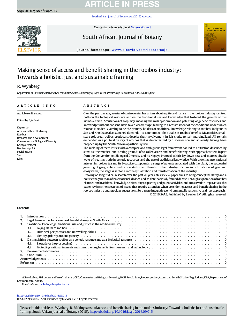 Making sense of access and benefit sharing in the rooibos industry: Towards a holistic, just and sustainable framing