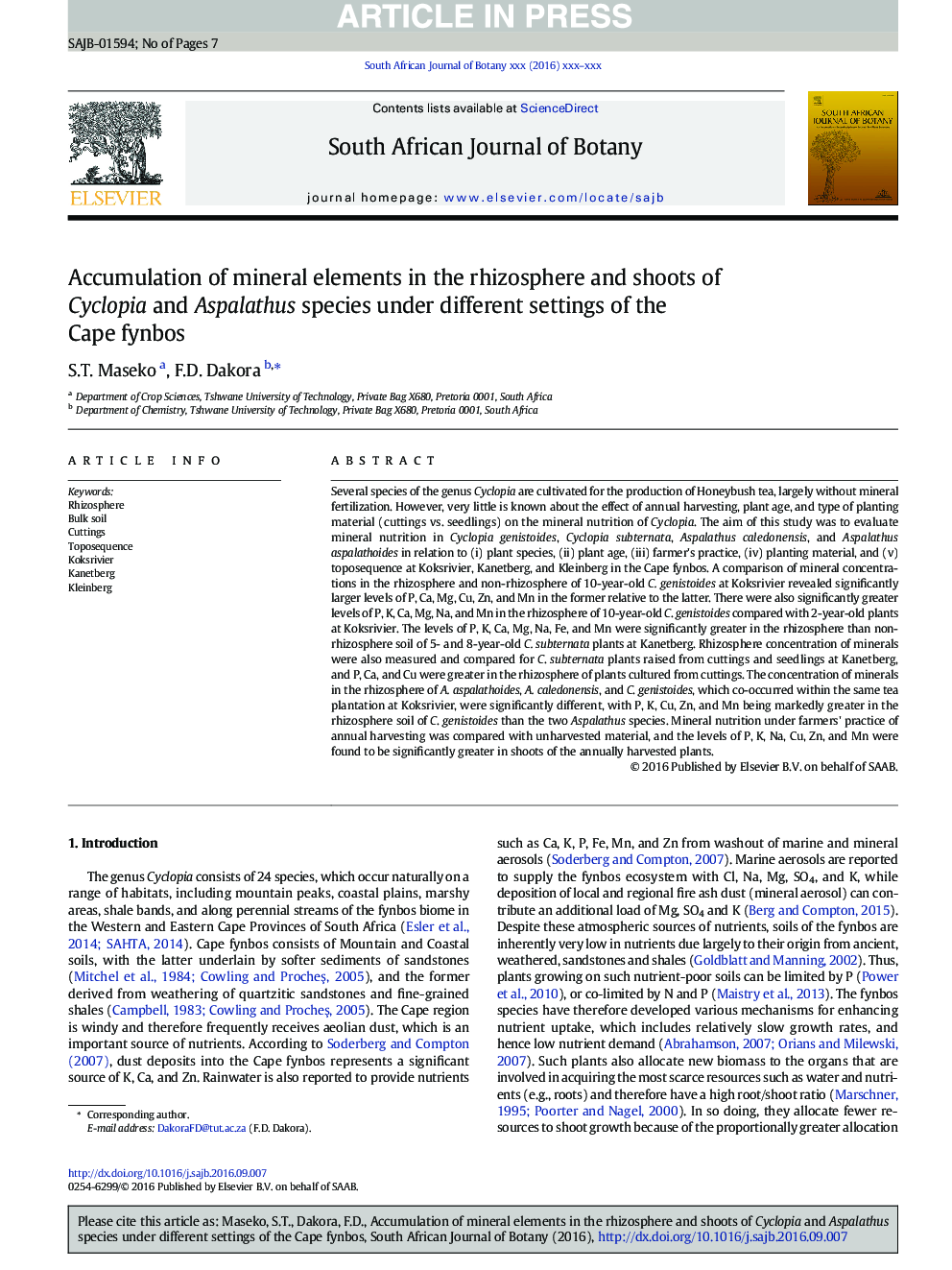 Accumulation of mineral elements in the rhizosphere and shoots of Cyclopia and Aspalathus species under different settings of the Cape fynbos