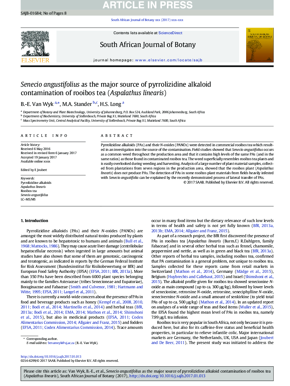 Senecio angustifolius as the major source of pyrrolizidine alkaloid contamination of rooibos tea (Aspalathus linearis)