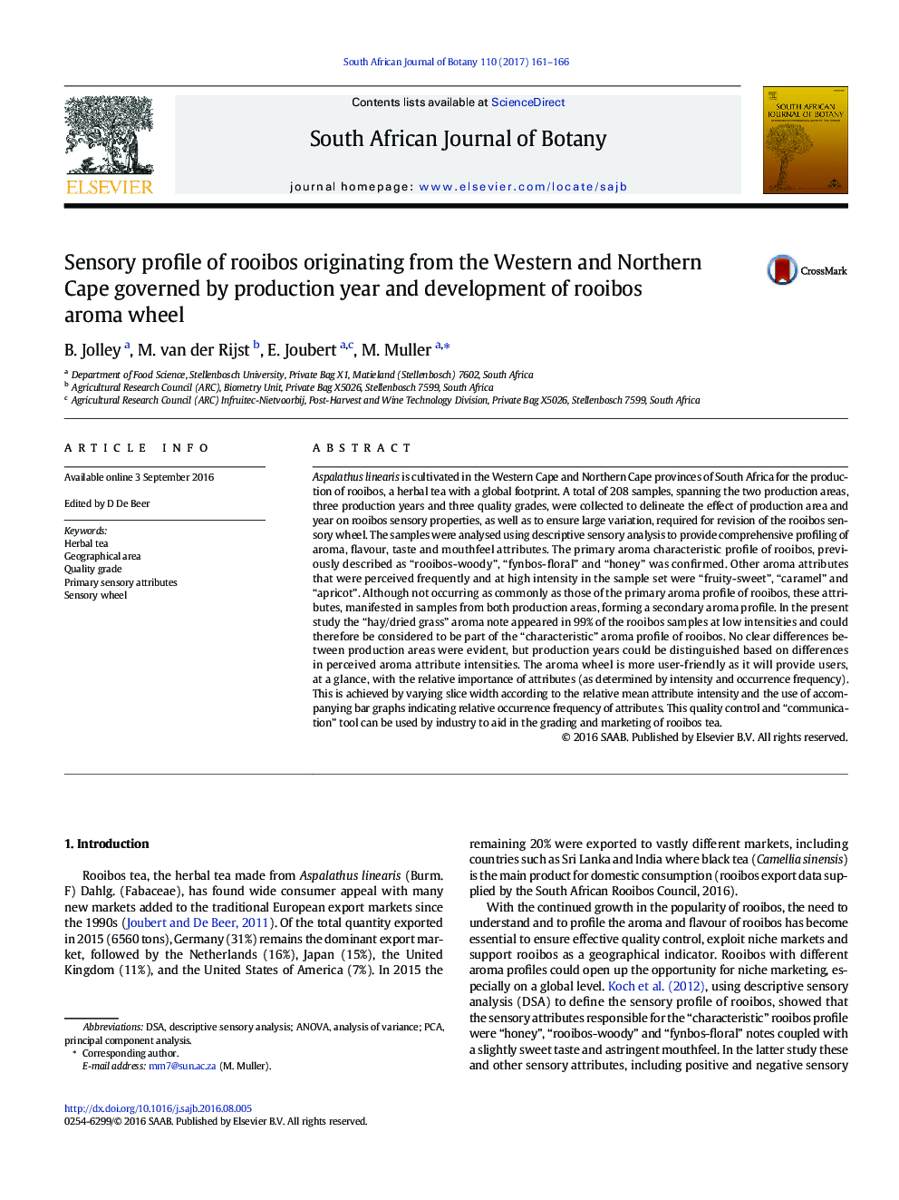 Sensory profile of rooibos originating from the Western and Northern Cape governed by production year and development of rooibos aroma wheel