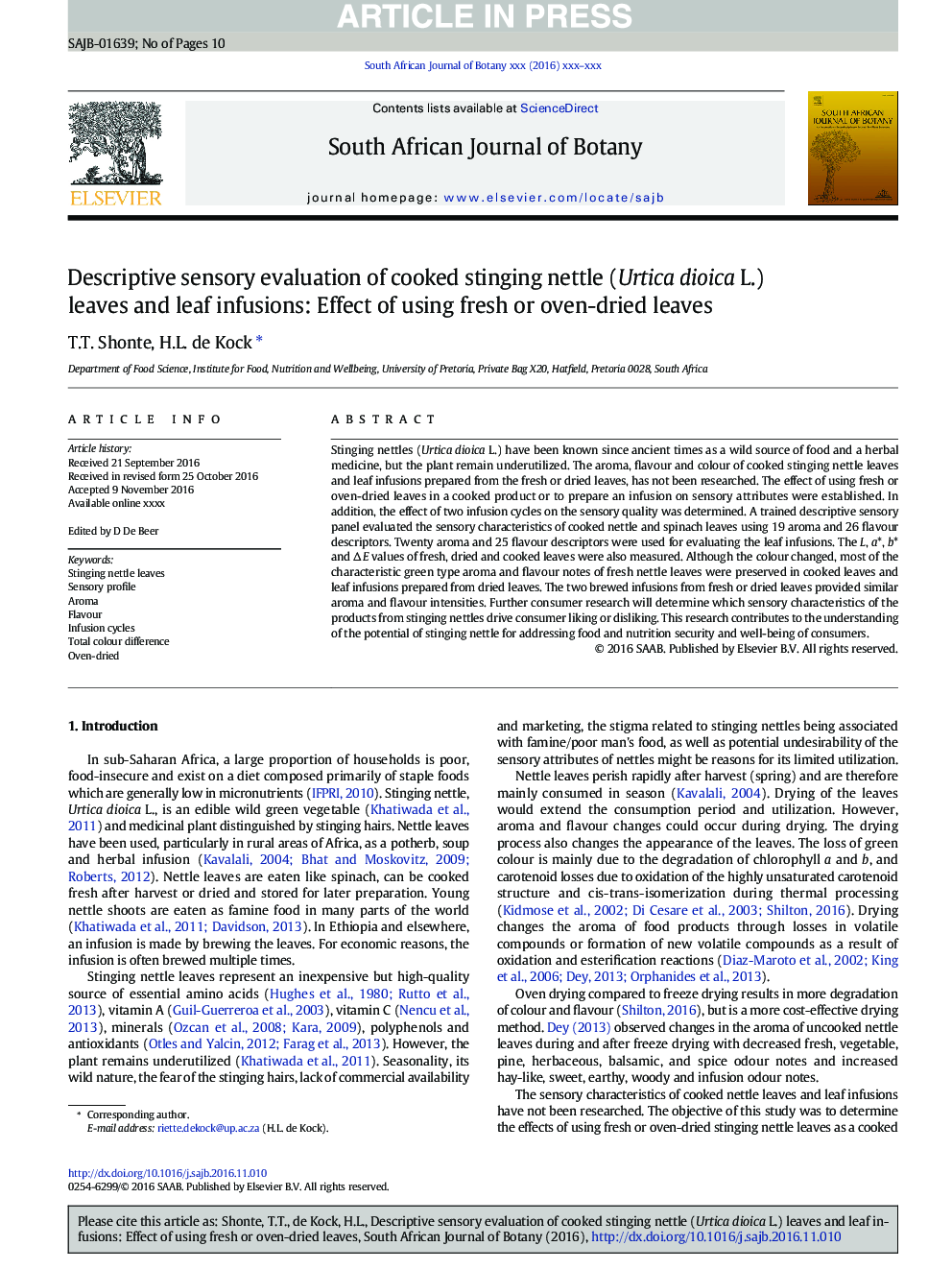 Descriptive sensory evaluation of cooked stinging nettle (Urtica dioica L.) leaves and leaf infusions: Effect of using fresh or oven-dried leaves