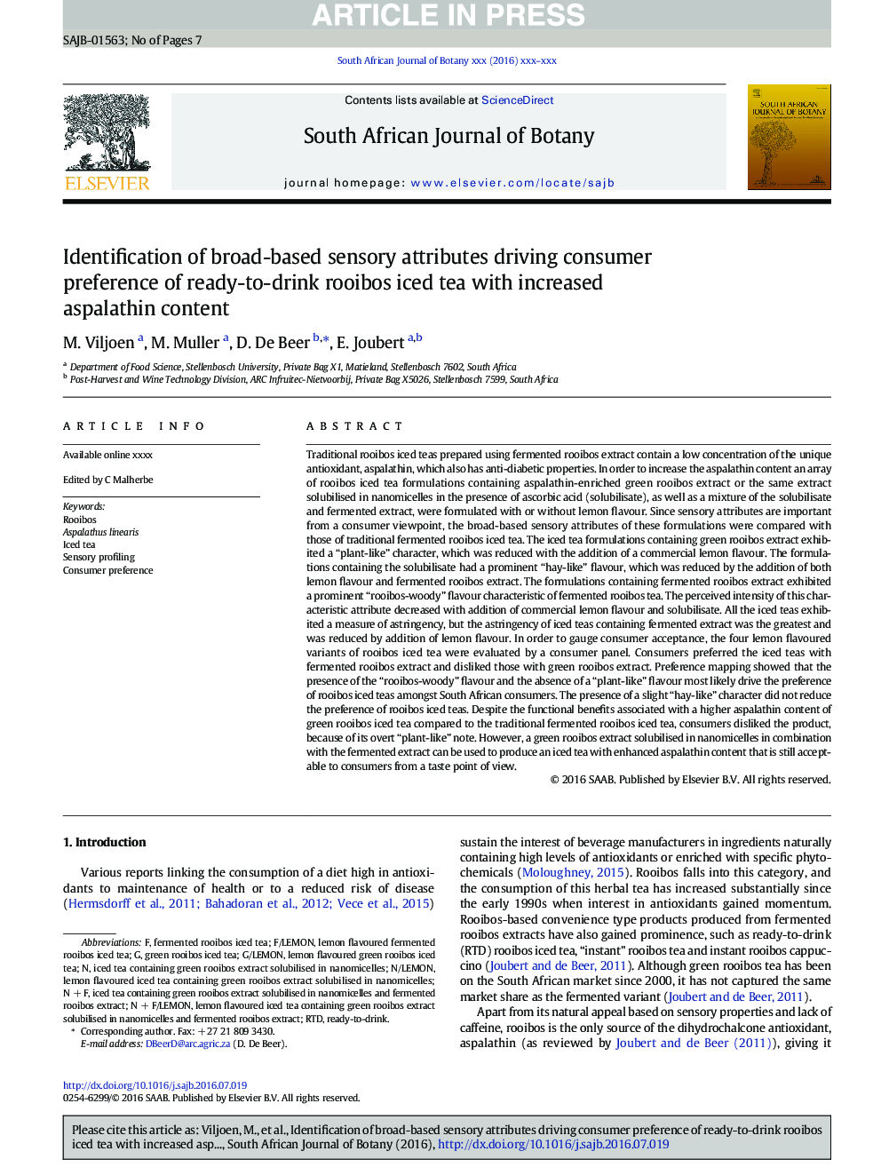 Identification of broad-based sensory attributes driving consumer preference of ready-to-drink rooibos iced tea with increased aspalathin content