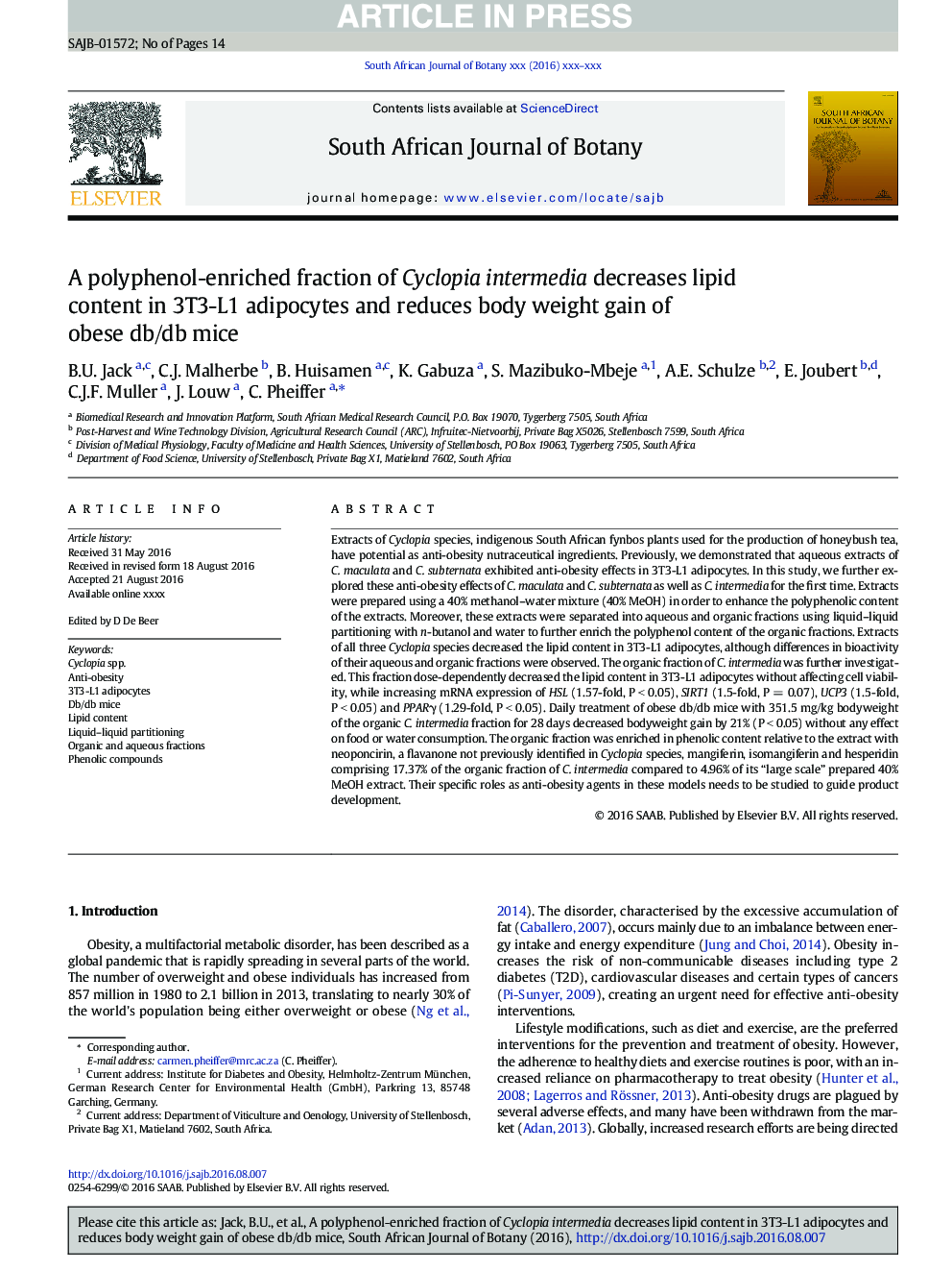 A polyphenol-enriched fraction of Cyclopia intermedia decreases lipid content in 3T3-L1 adipocytes and reduces body weight gain of obese db/db mice