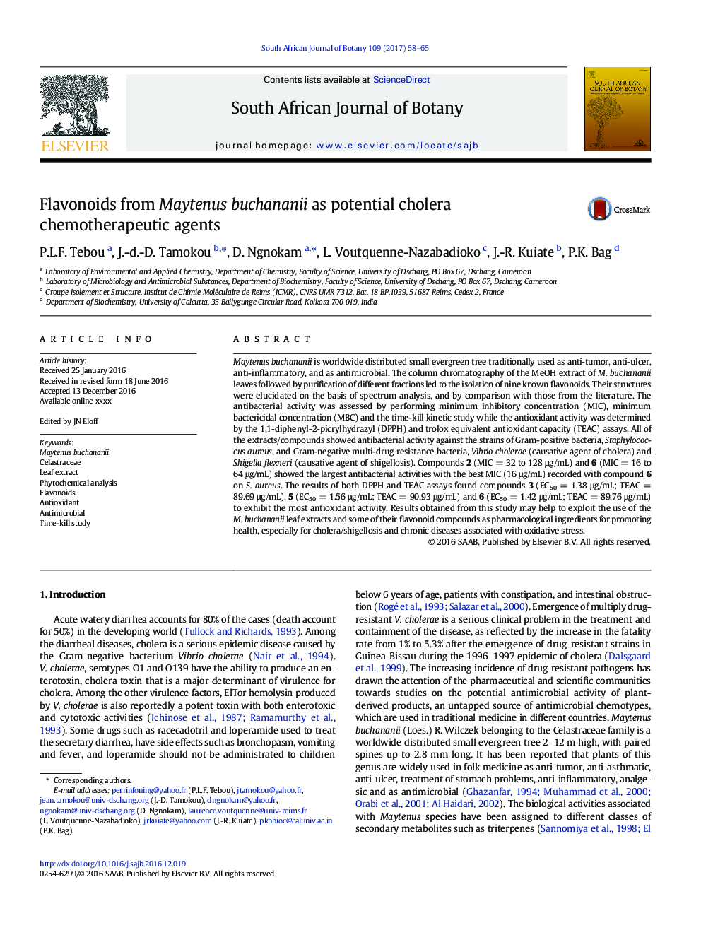 Flavonoids from Maytenus buchananii as potential cholera chemotherapeutic agents