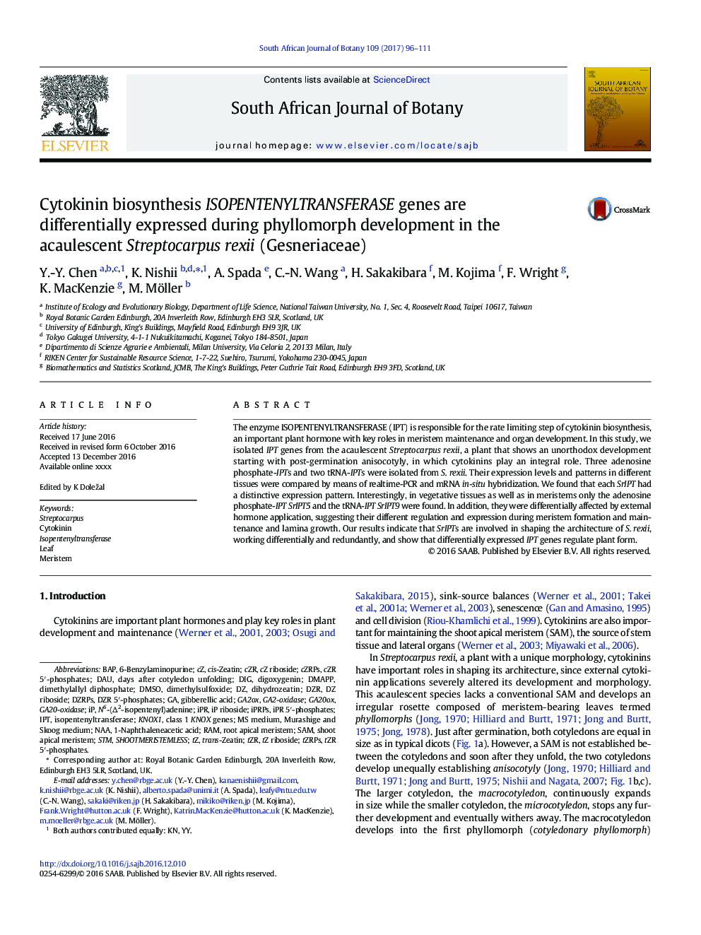 Cytokinin biosynthesis ISOPENTENYLTRANSFERASE genes are differentially expressed during phyllomorph development in the acaulescent Streptocarpus rexii (Gesneriaceae)