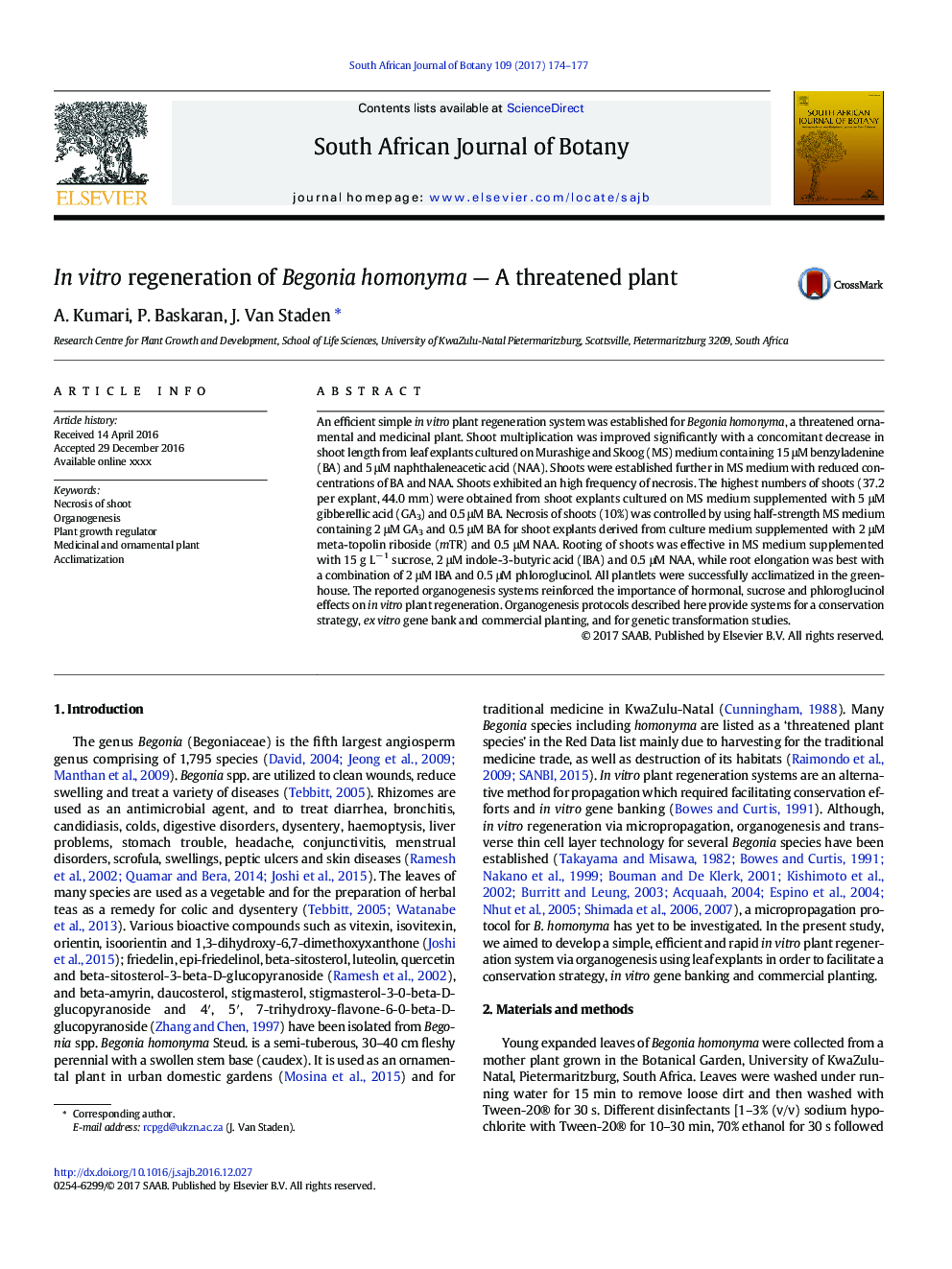 In vitro regeneration of Begonia homonyma - A threatened plant