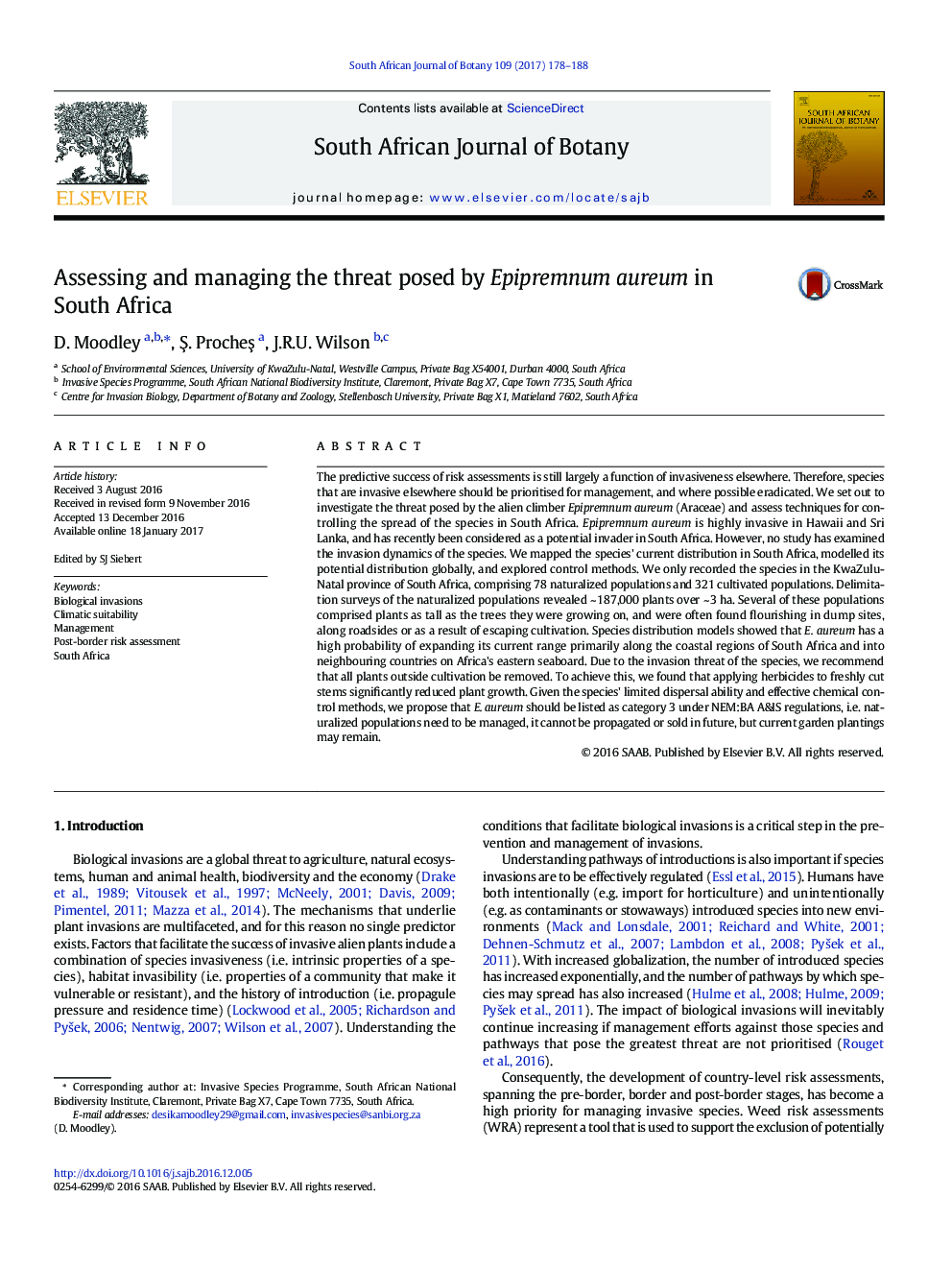 Assessing and managing the threat posed by Epipremnum aureum in South Africa