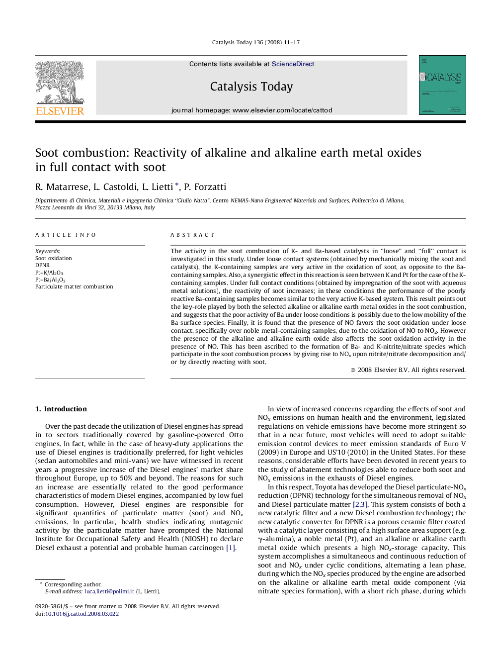 Soot combustion: Reactivity of alkaline and alkaline earth metal oxides in full contact with soot