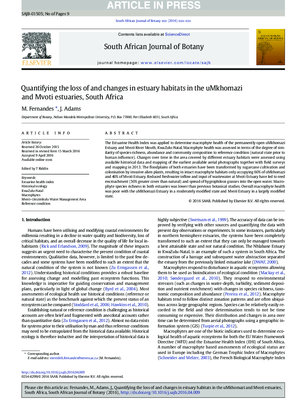 Quantifying the loss of and changes in estuary habitats in the uMkhomazi and Mvoti estuaries, South Africa