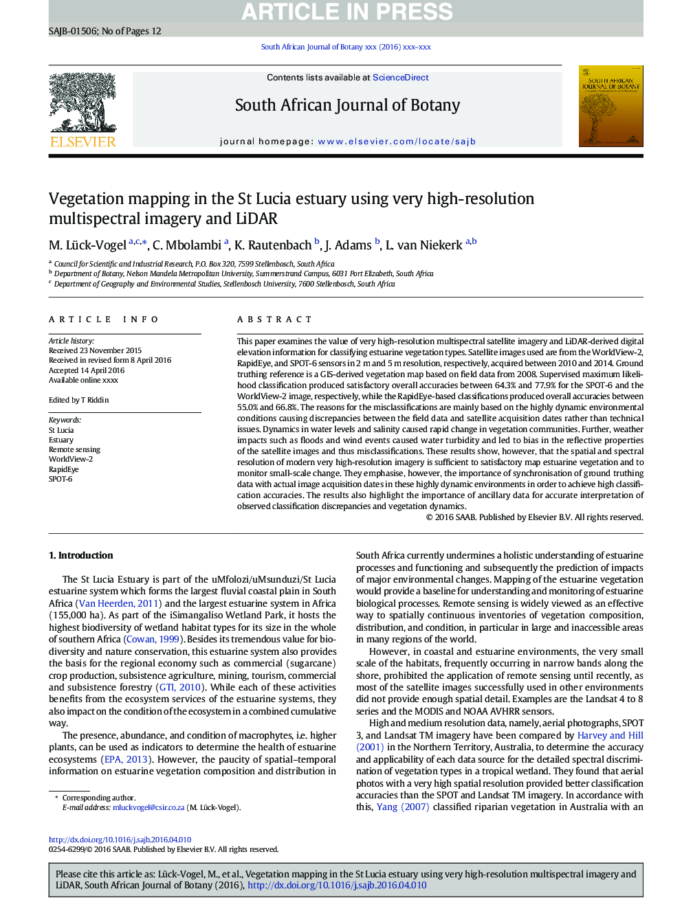 Vegetation mapping in the St Lucia estuary using very high-resolution multispectral imagery and LiDAR