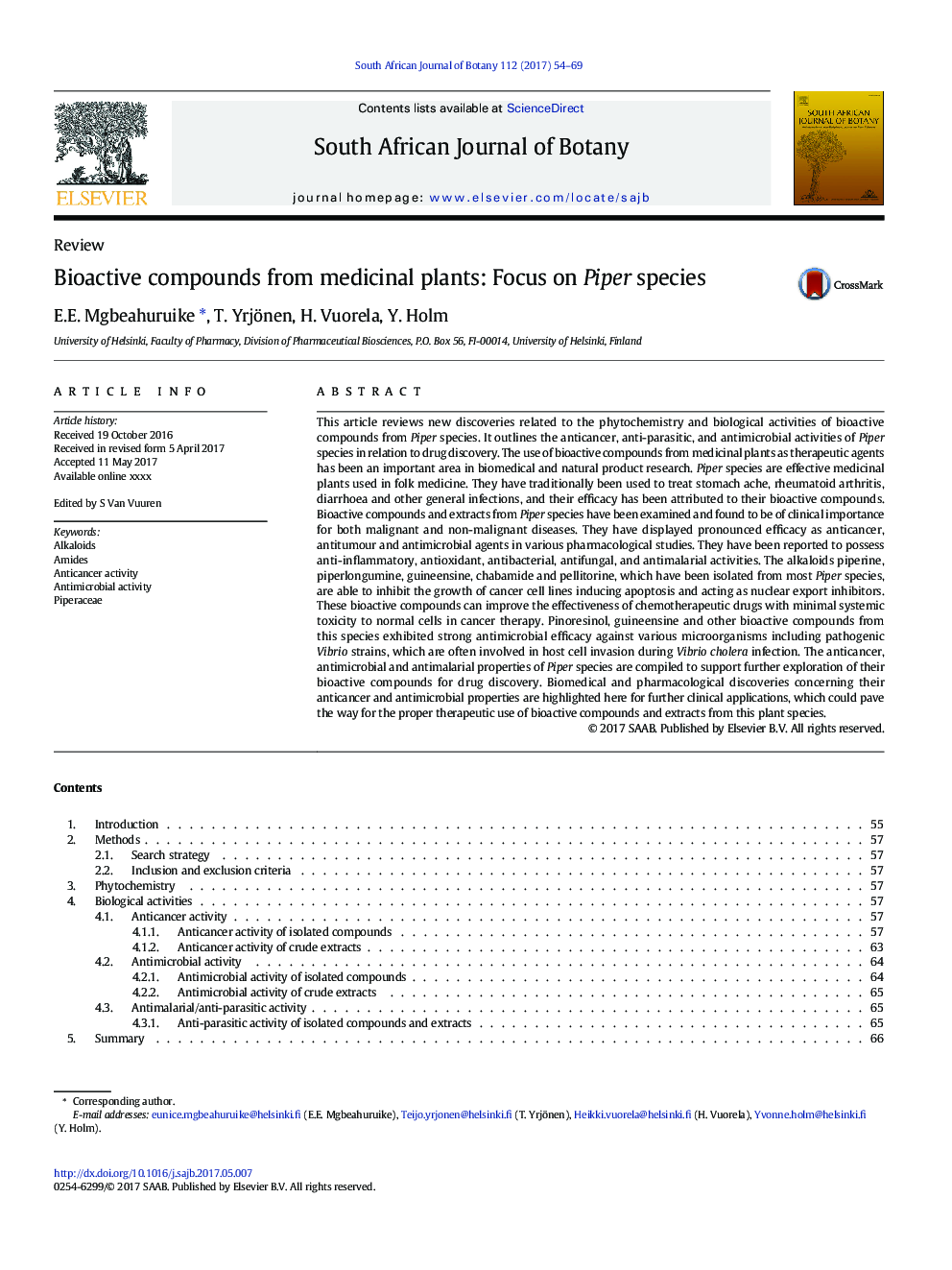 Bioactive compounds from medicinal plants: Focus on Piper species