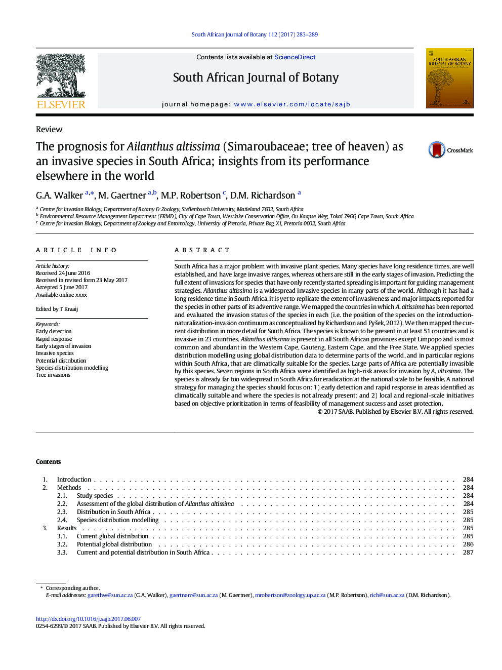 The prognosis for Ailanthus altissima (Simaroubaceae; tree of heaven) as an invasive species in South Africa; insights from its performance elsewhere in the world