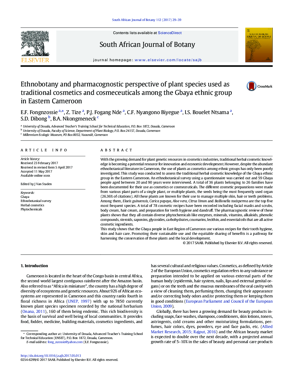Ethnobotany and pharmacognostic perspective of plant species used as traditional cosmetics and cosmeceuticals among the Gbaya ethnic group in Eastern Cameroon