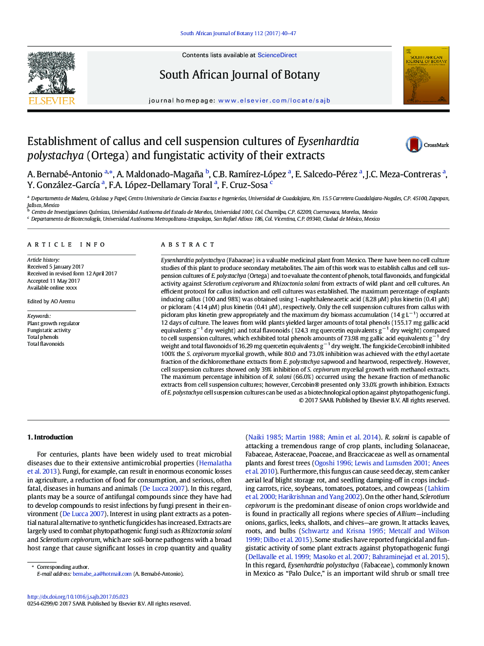 Establishment of callus and cell suspension cultures of Eysenhardtia polystachya (Ortega) and fungistatic activity of their extracts