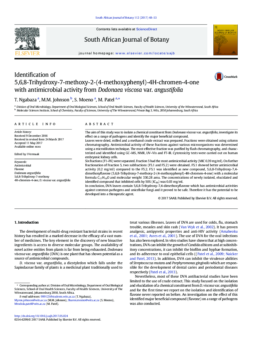 Identification of 5,6,8-Trihydroxy-7-methoxy-2-(4-methoxyphenyl)-4H-chromen-4-one with antimicrobial activity from Dodonaea viscosa var. angustifolia