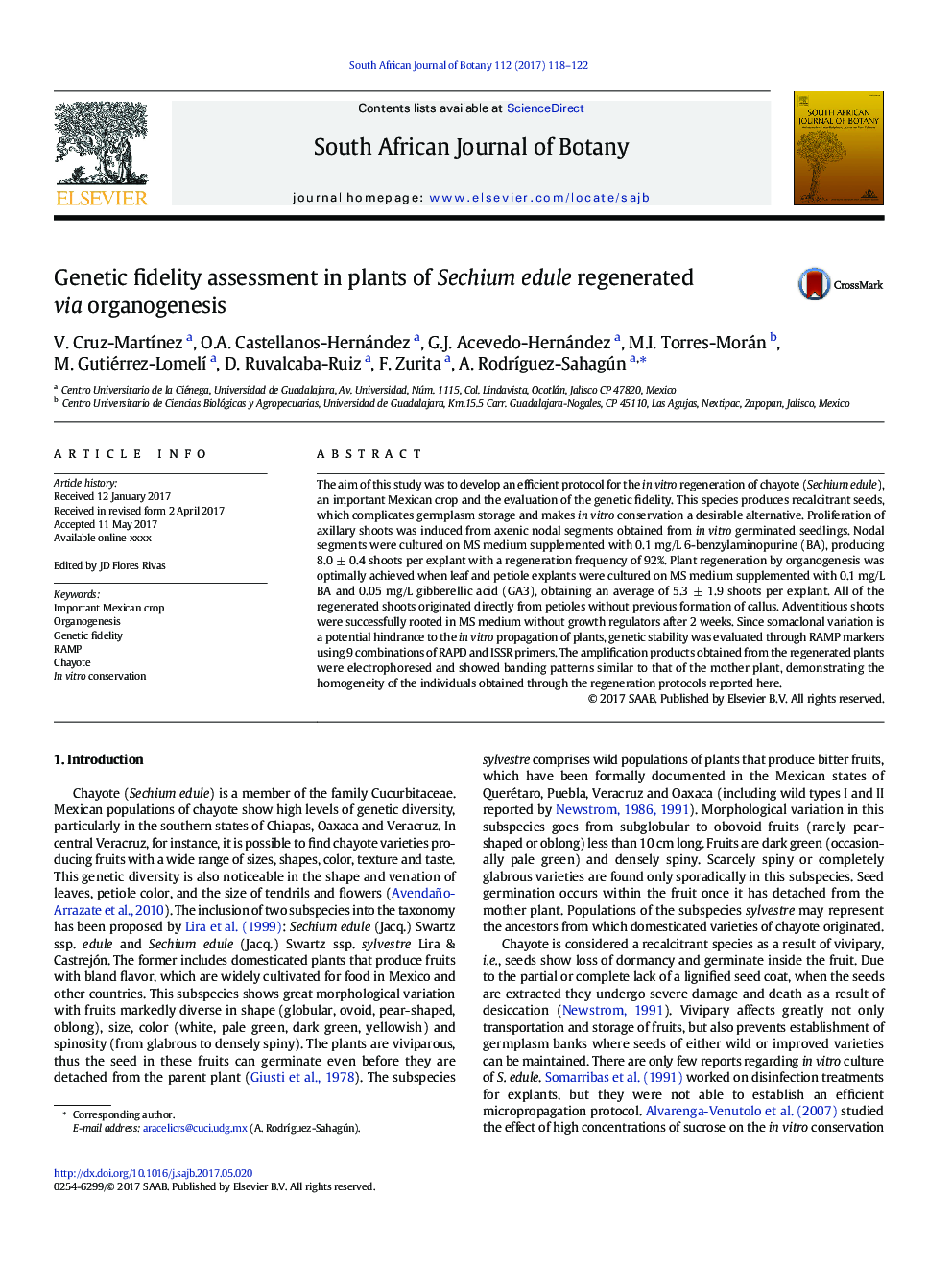 Genetic fidelity assessment in plants of Sechium edule regenerated via organogenesis