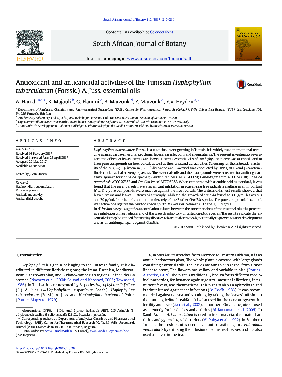 Antioxidant and anticandidal activities of the Tunisian Haplophyllum tuberculatum (Forssk.) A. Juss. essential oils