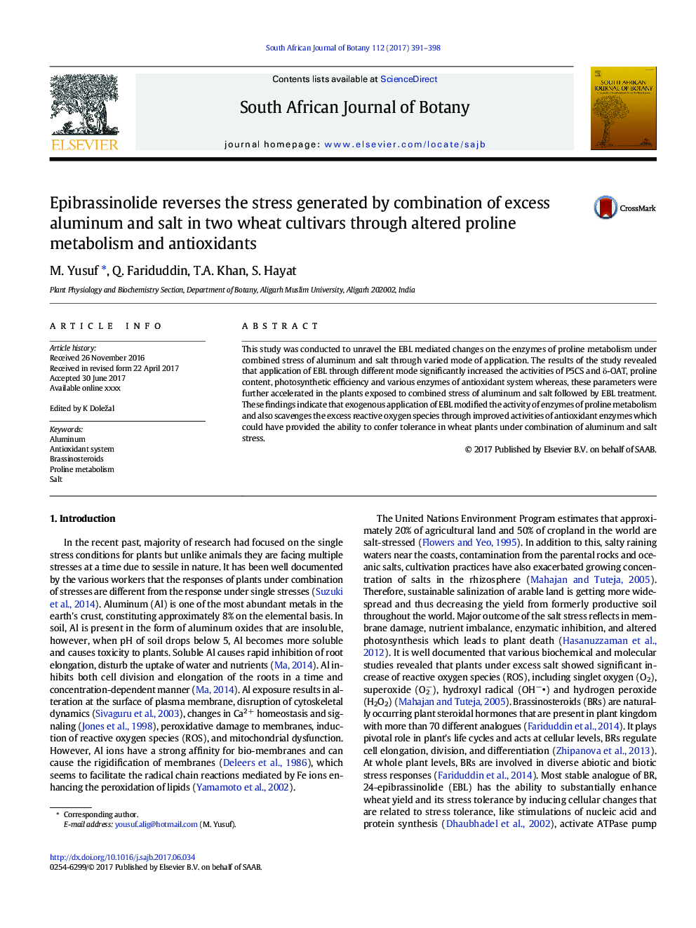 Epibrassinolide reverses the stress generated by combination of excess aluminum and salt in two wheat cultivars through altered proline metabolism and antioxidants