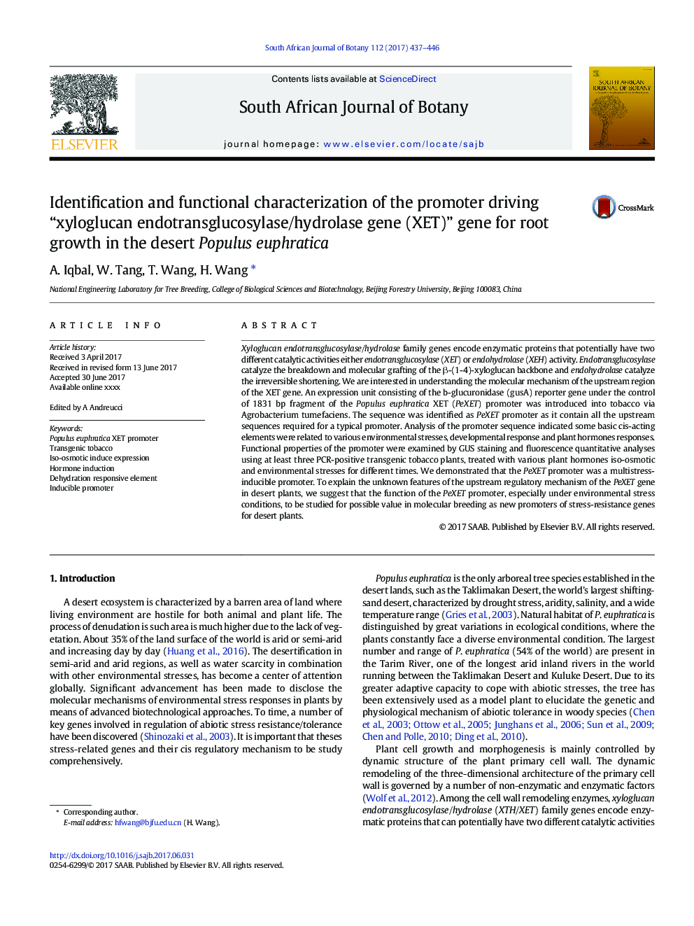 Identification and functional characterization of the promoter driving “xyloglucan endotransglucosylase/hydrolase gene (XET)” gene for root growth in the desert Populus euphratica