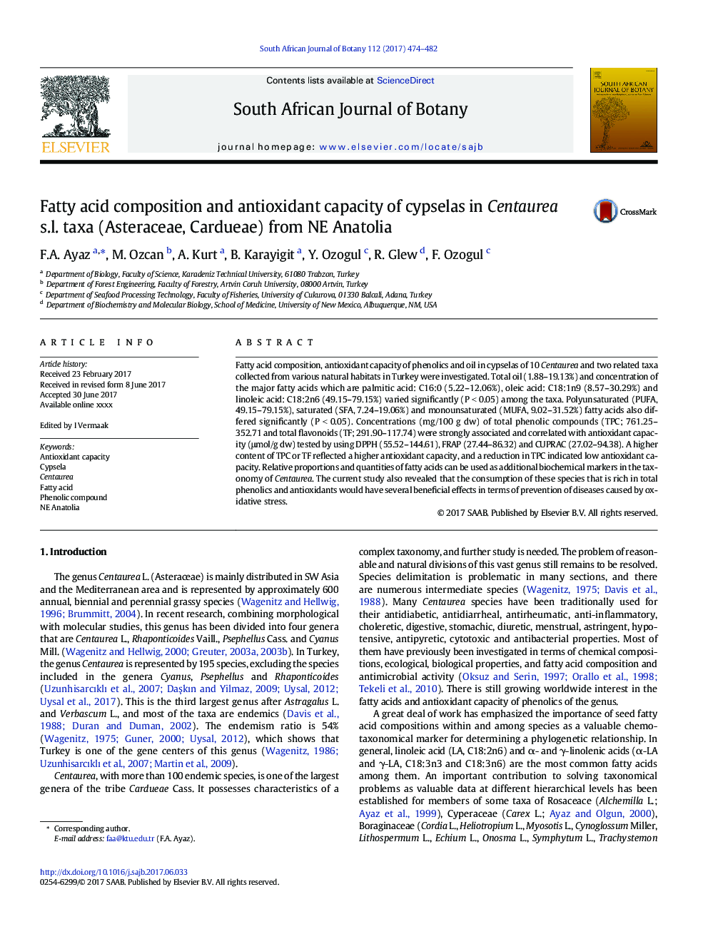 Fatty acid composition and antioxidant capacity of cypselas in Centaurea s.l. taxa (Asteraceae, Cardueae) from NE Anatolia