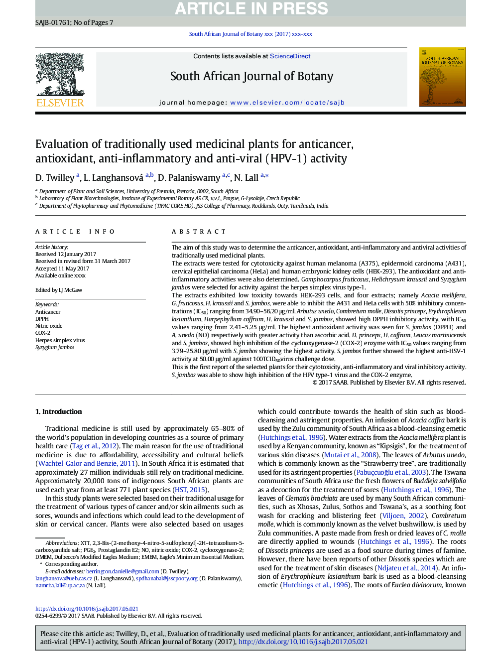 Evaluation of traditionally used medicinal plants for anticancer, antioxidant, anti-inflammatory and anti-viral (HPV-1) activity