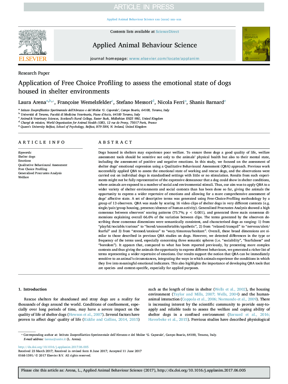 Application of Free Choice Profiling to assess the emotional state of dogs housed in shelter environments