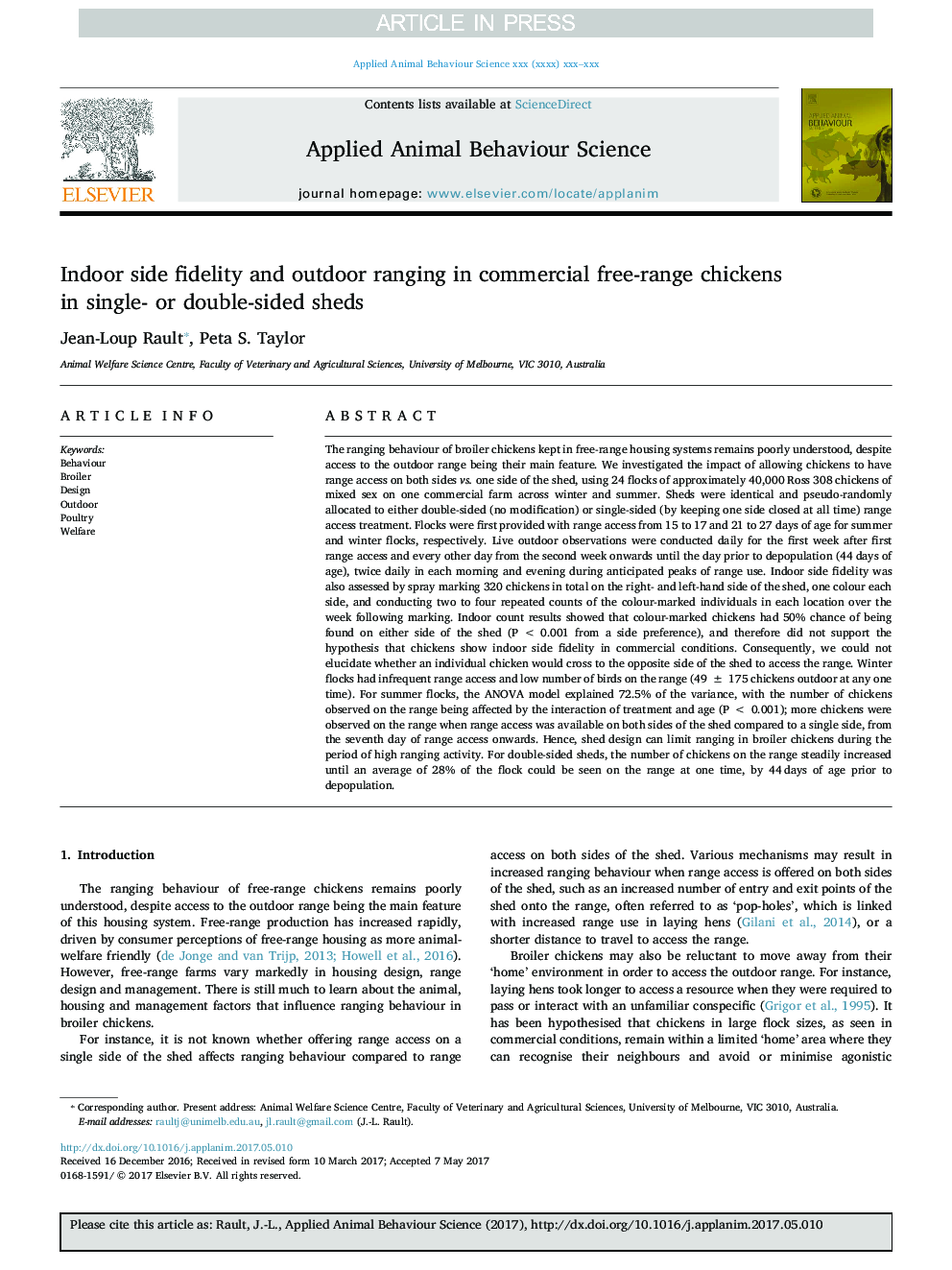 Indoor side fidelity and outdoor ranging in commercial free-range chickens in single- or double-sided sheds