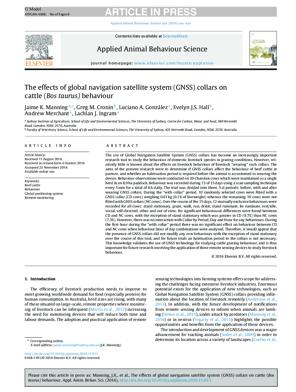 The effects of global navigation satellite system (GNSS) collars on cattle (Bos taurus) behaviour