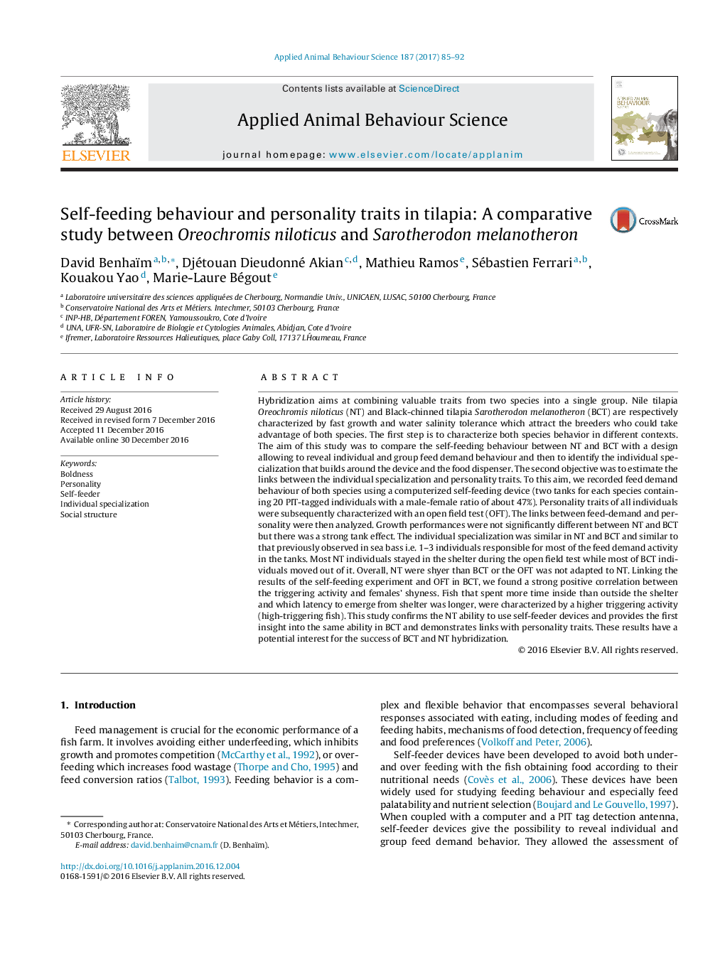 Self-feeding behaviour and personality traits in tilapia: A comparative study between Oreochromis niloticus and Sarotherodon melanotheron