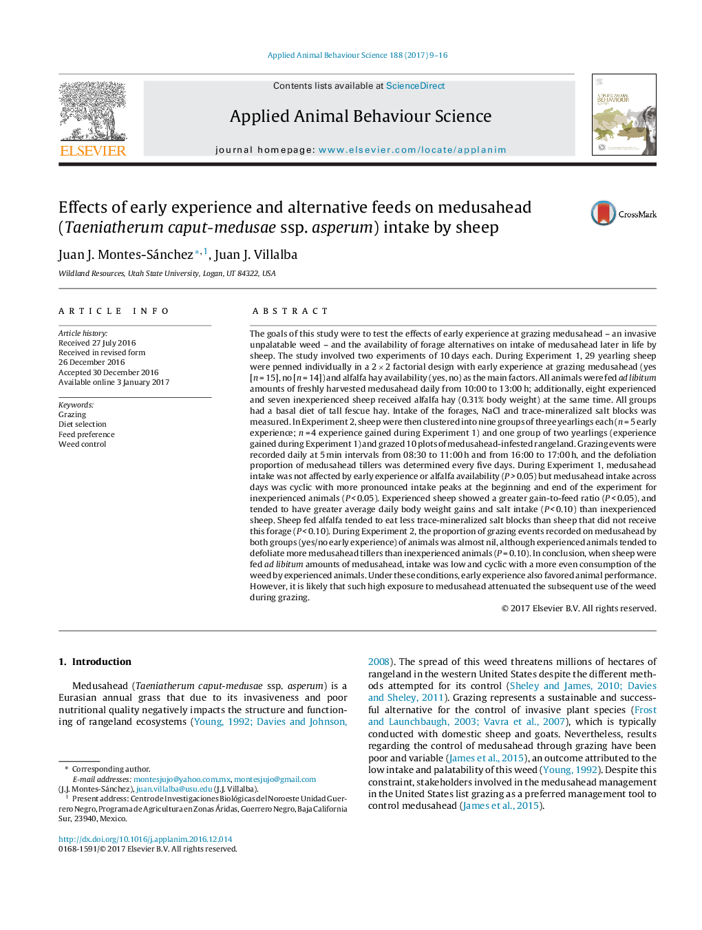 Effects of early experience and alternative feeds on medusahead (Taeniatherum caput-medusae ssp. asperum) intake by sheep