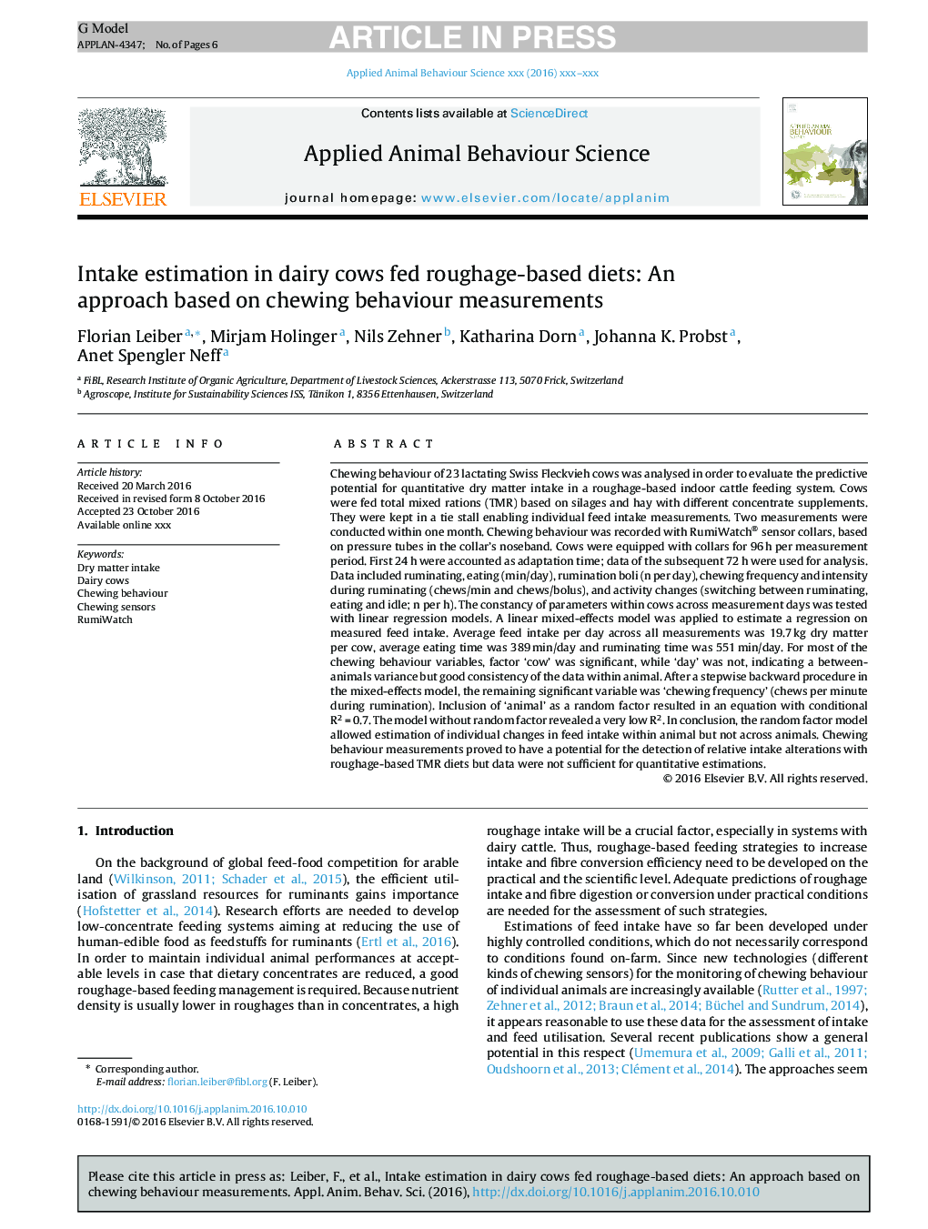 Intake estimation in dairy cows fed roughage-based diets: An approach based on chewing behaviour measurements