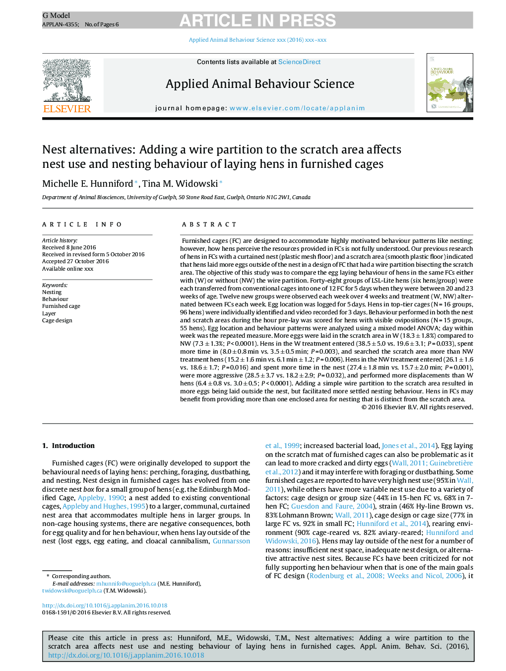 Nest alternatives: Adding a wire partition to the scratch area affects nest use and nesting behaviour of laying hens in furnished cages