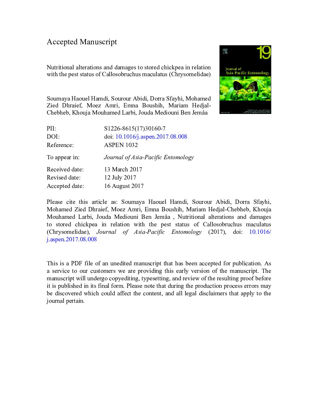 Nutritional alterations and damages to stored chickpea in relation with the pest status of Callosobruchus maculatus (Chrysomelidae)